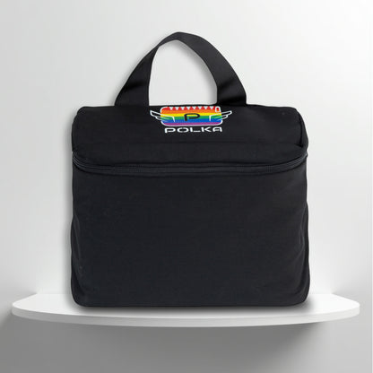 A black cotton travel vanity bag with many Greek travel size personal hygiene products inside for the LGBTQ+ community 