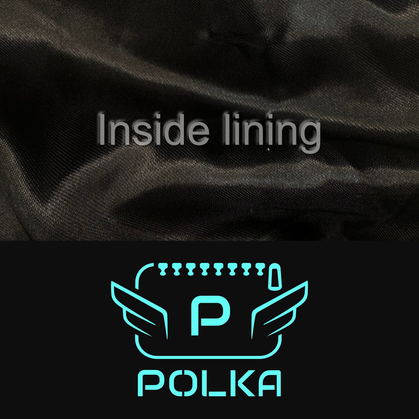 Detail of the Black color of the fabric and black  logo with the inside lining of the luxury POLKA vanity bag
