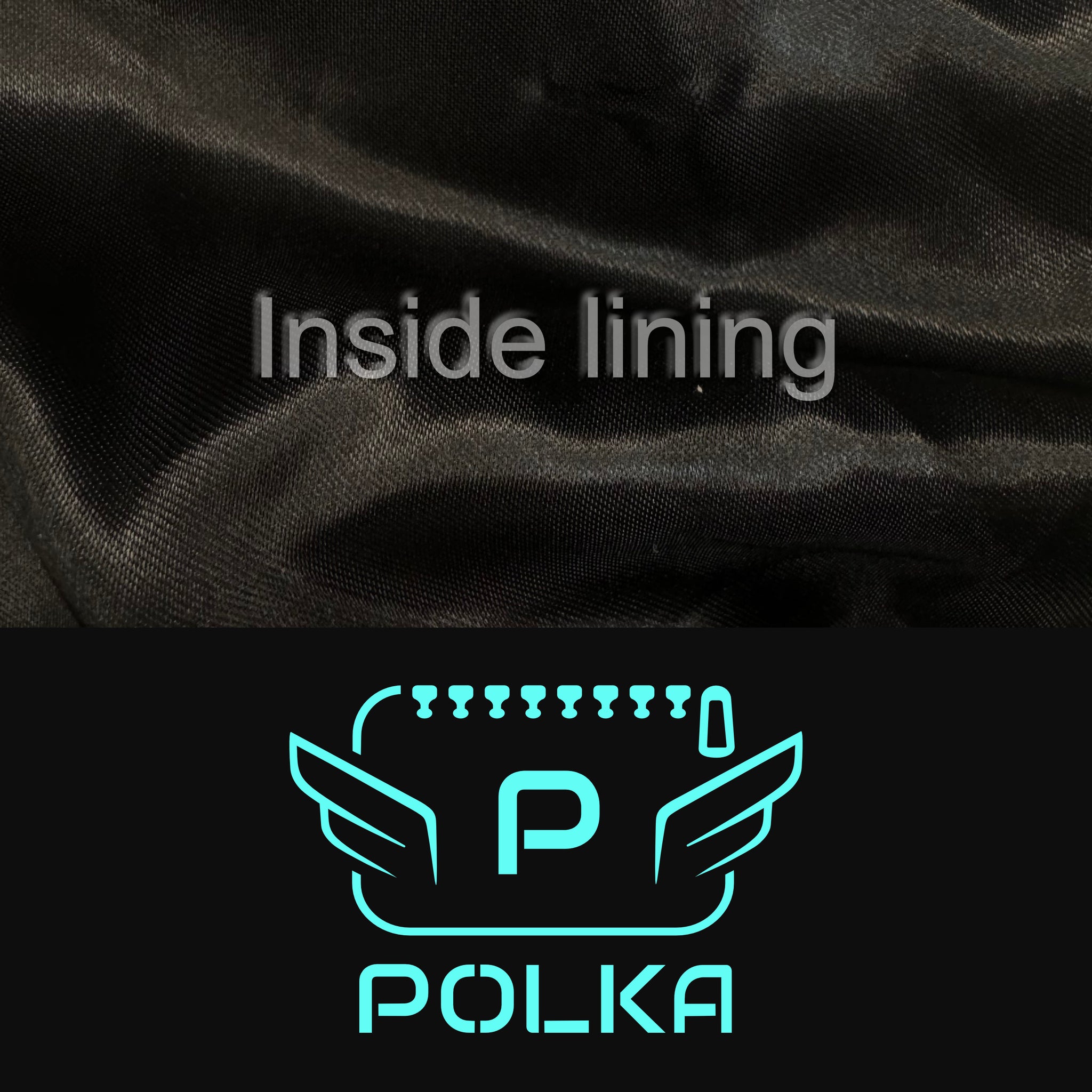 Detail of the Black color of the fabric and black  logo with the inside lining of the luxury POLKA vanity bag
