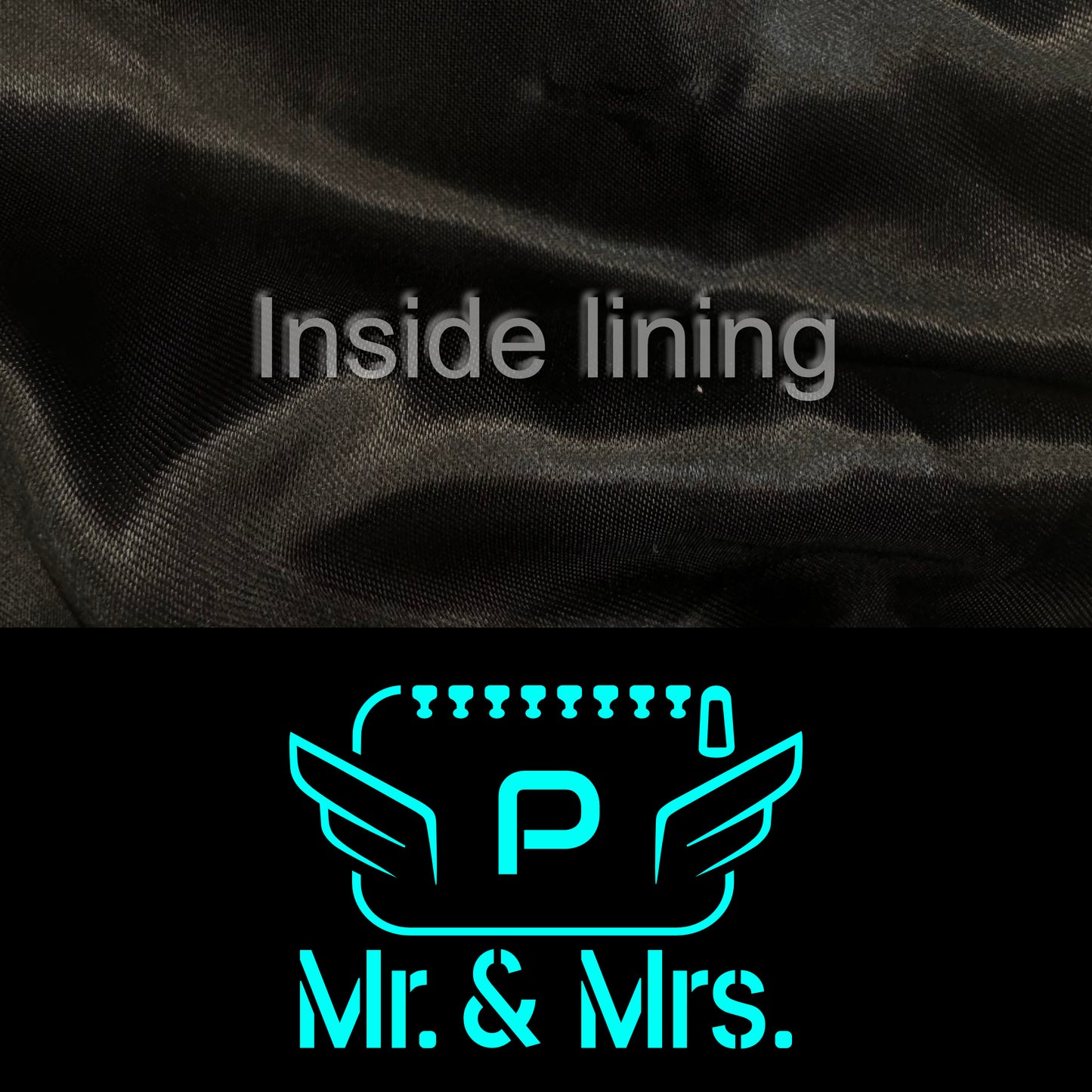 Detail of the black color of the fabric and mint logo with the inside lining of the luxury POLKA vanity bag for couples