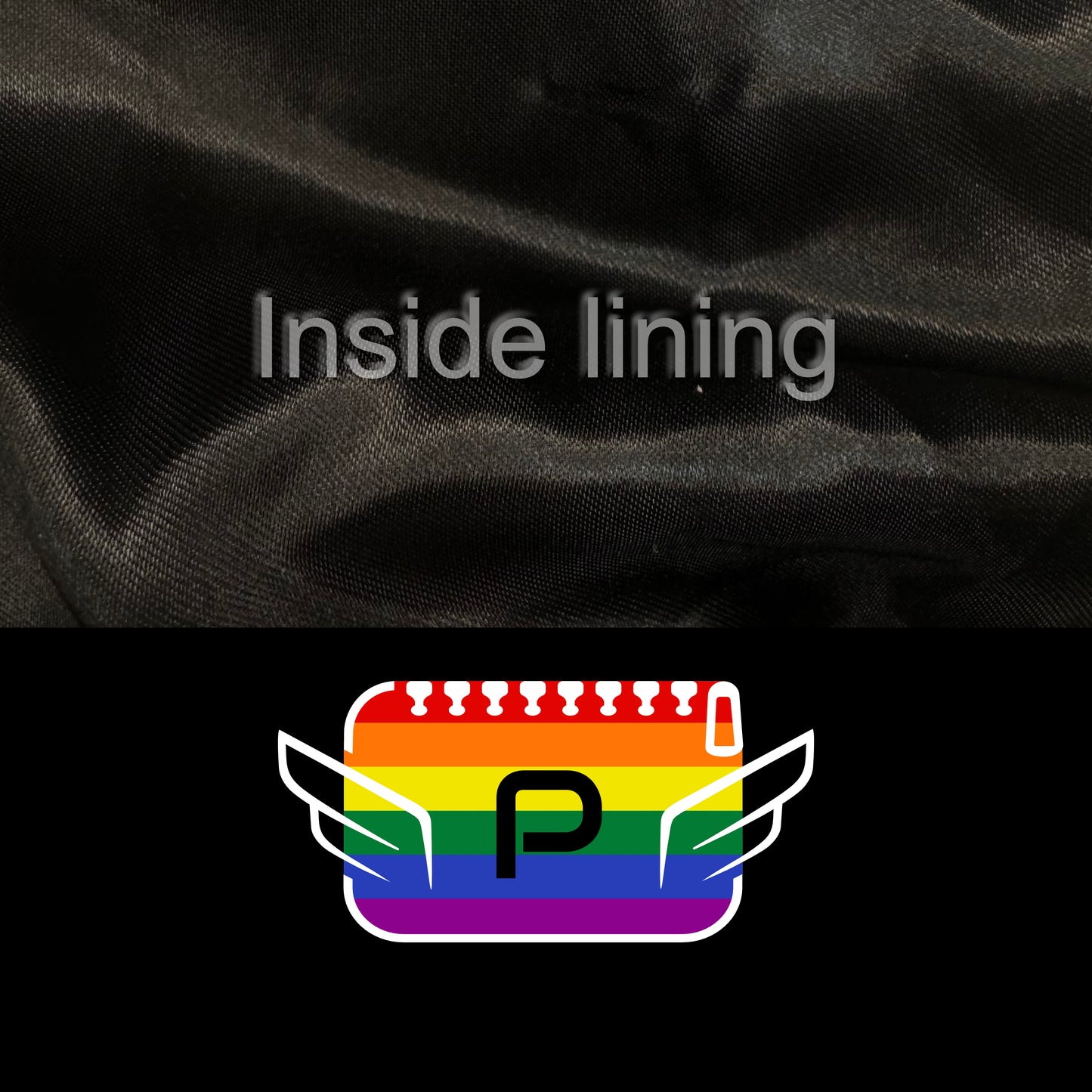 Detail of the black color of the fabric and white logo with the inside lining of the luxury POLKA vanity bag for the LGBTQ+ community 