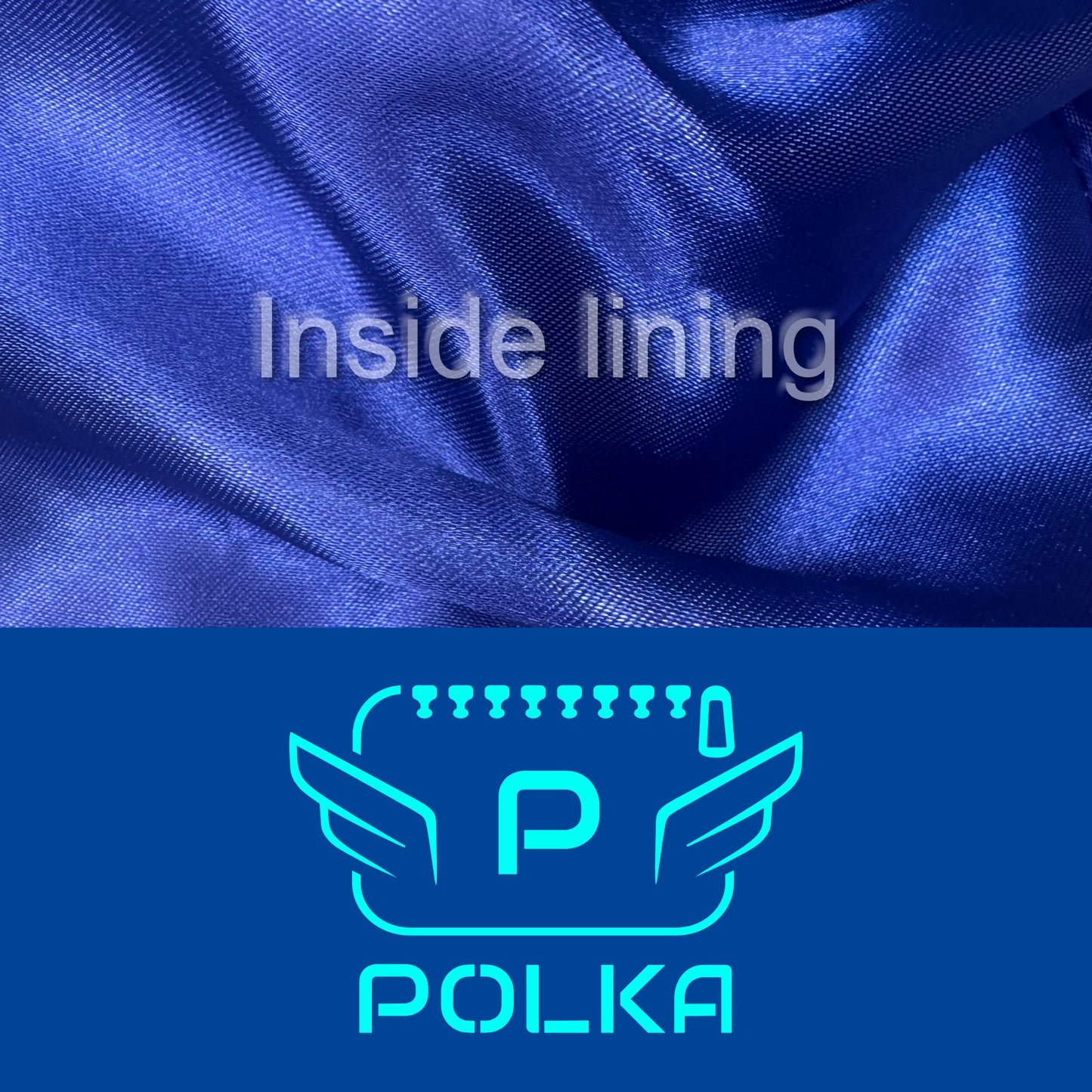 Detail of the blue color of the fabric and mint logo with the inside lining of the luxury POLKA vanity bag for men
