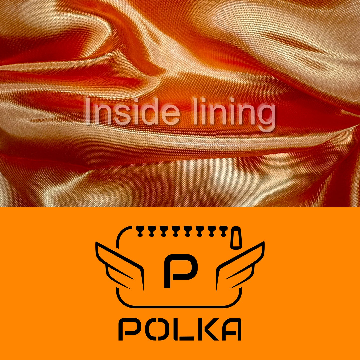 Detail of the Fluo orange color of the fabric and black logo with the inside lining of the luxury POLKA vanity bag
