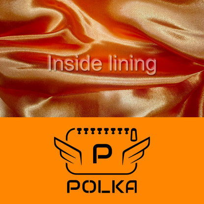 Detail of the Fluo orange color of the fabric and black logo with the inside lining of the luxury POLKA vanity bag
