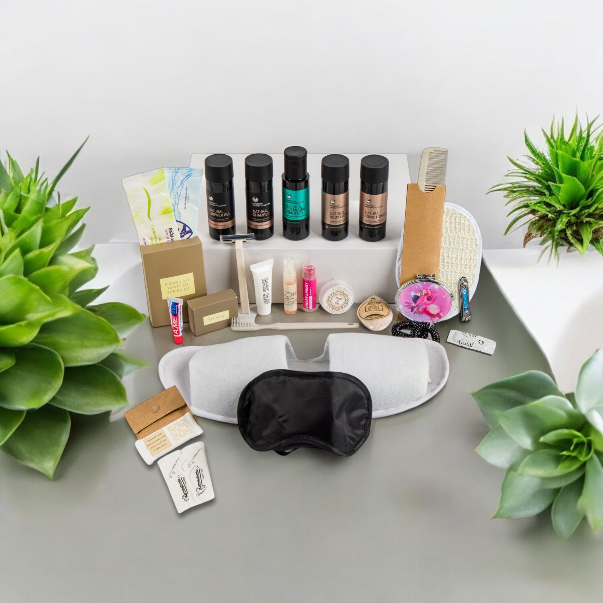 Organic Greek travel size shampoo , conditioner, shower gel, body lotion and many other toiletries that are inside the POLKA couples travel vanity bag.

