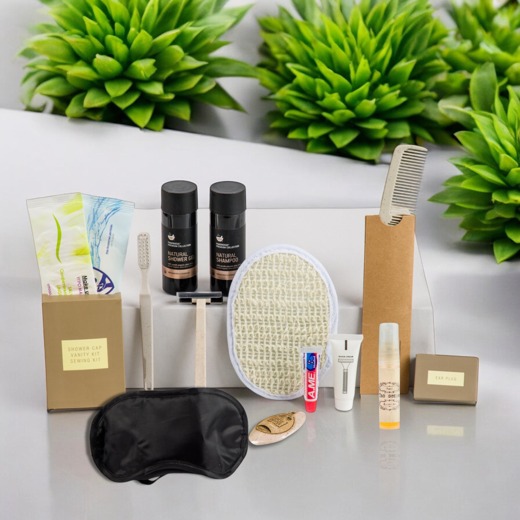 Organic Greek travel size shampoo , conditioner, shower gel, body lotion and many other toiletries that are inside the POLKA women travel vanity bag.