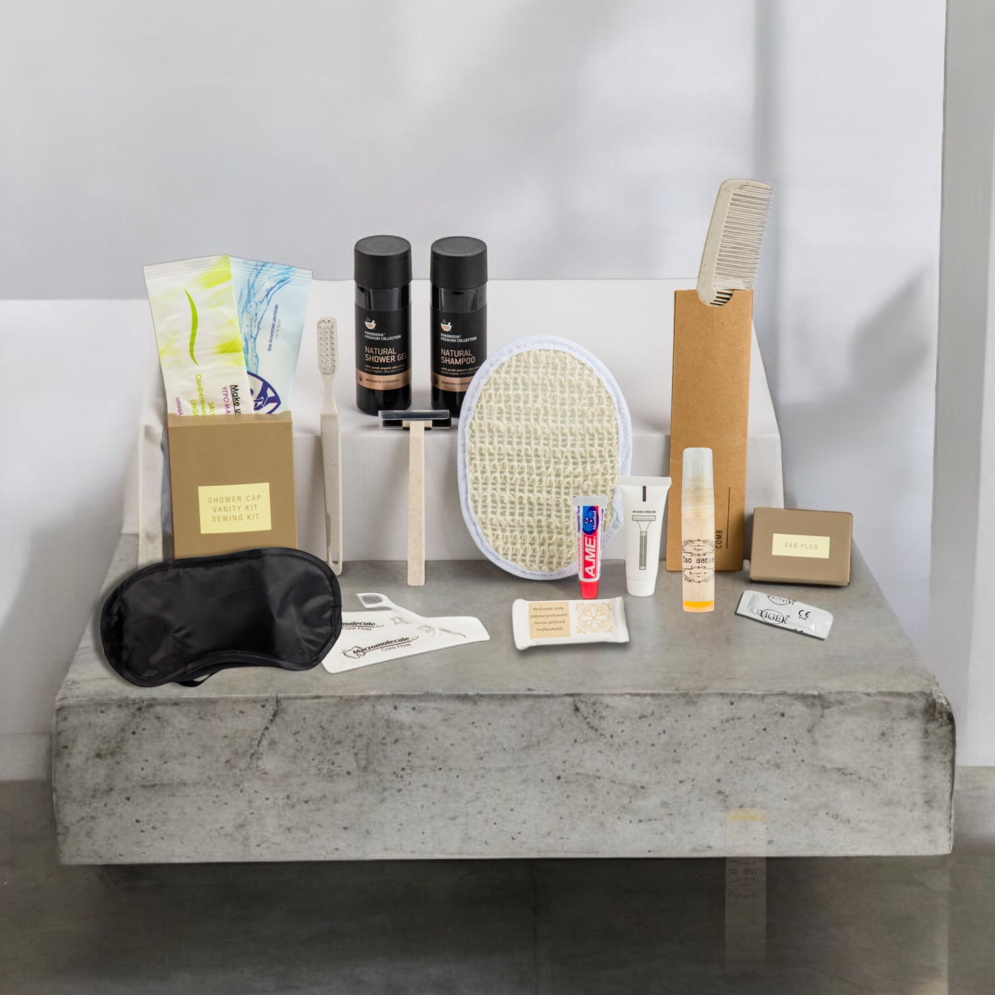 Organic Greek travel size shampoo , conditioner, shower gel, body lotion and many other toiletries that are inside the POLKA  travel vanity bag.
