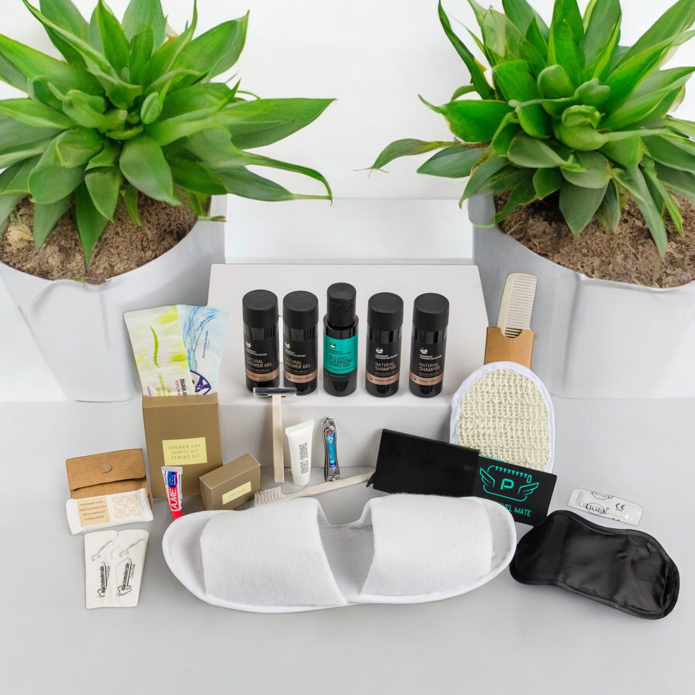Organic Greek travel size shampoo , conditioner, shower gel, body lotion and many other toiletries that are inside the POLKA man’s travel vanity bag.