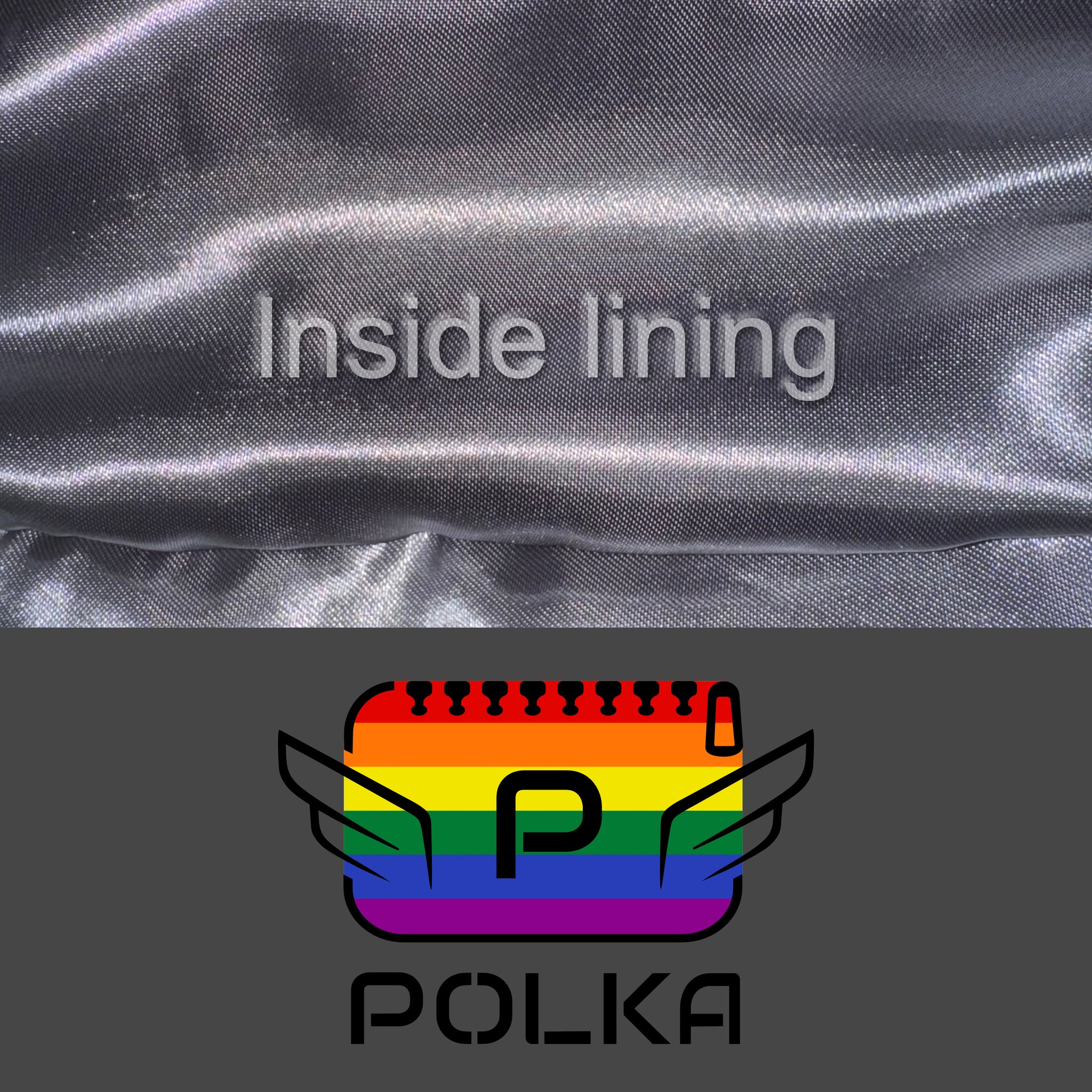 Detail of the grey color of the fabric and black logo with the inside lining of the luxury POLKA vanity bag for the LGBTQ+ community 
