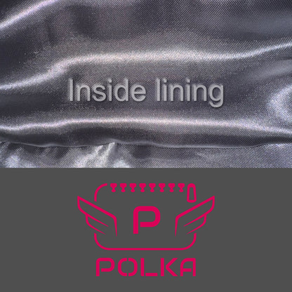 Detail of the grey color of the fabric and fuchsia logo with the inside lining of the luxury POLKA vanity bag for women 
