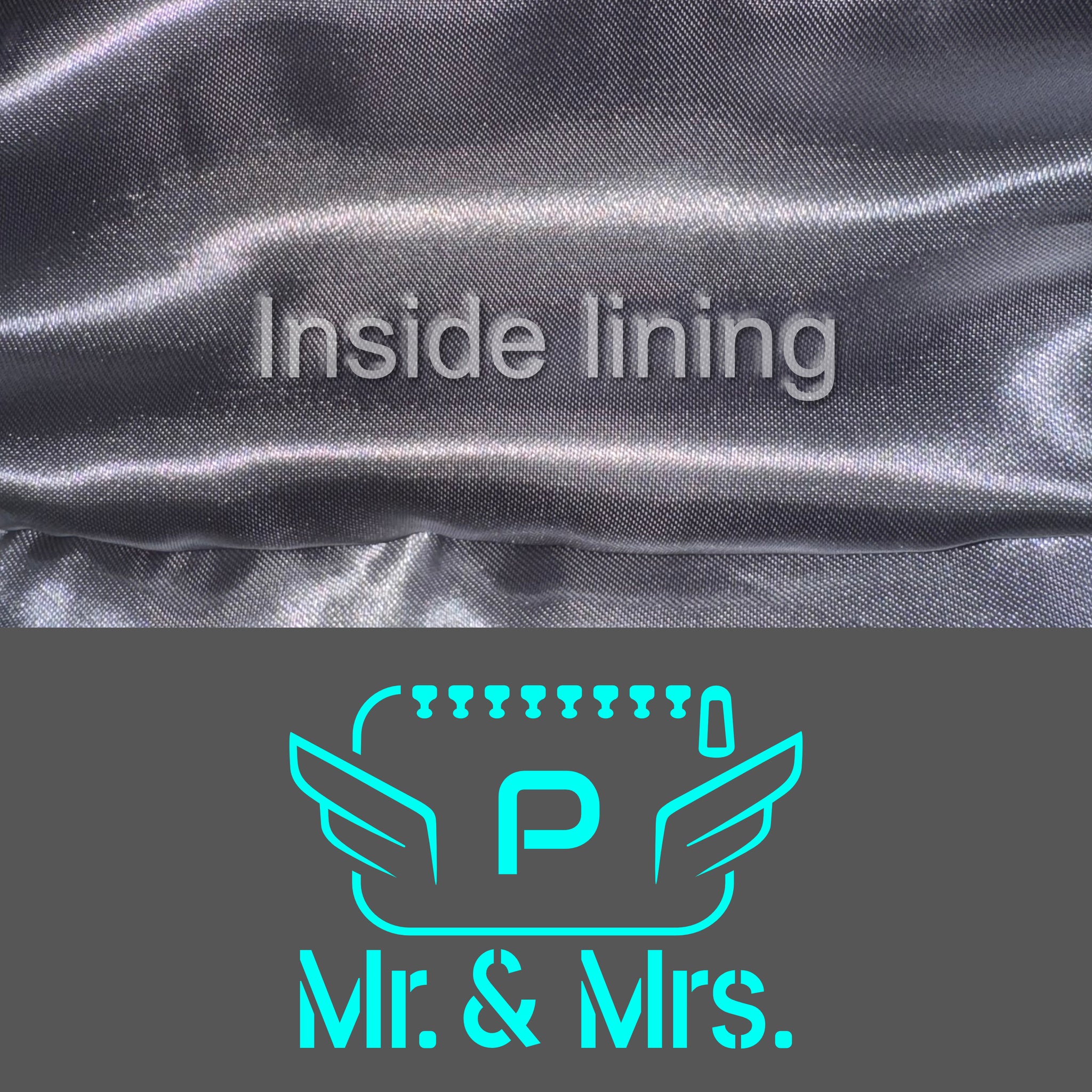 Detail of the grey color of the fabric and mint logo with the inside lining of the luxury POLKA vanity bag for couples