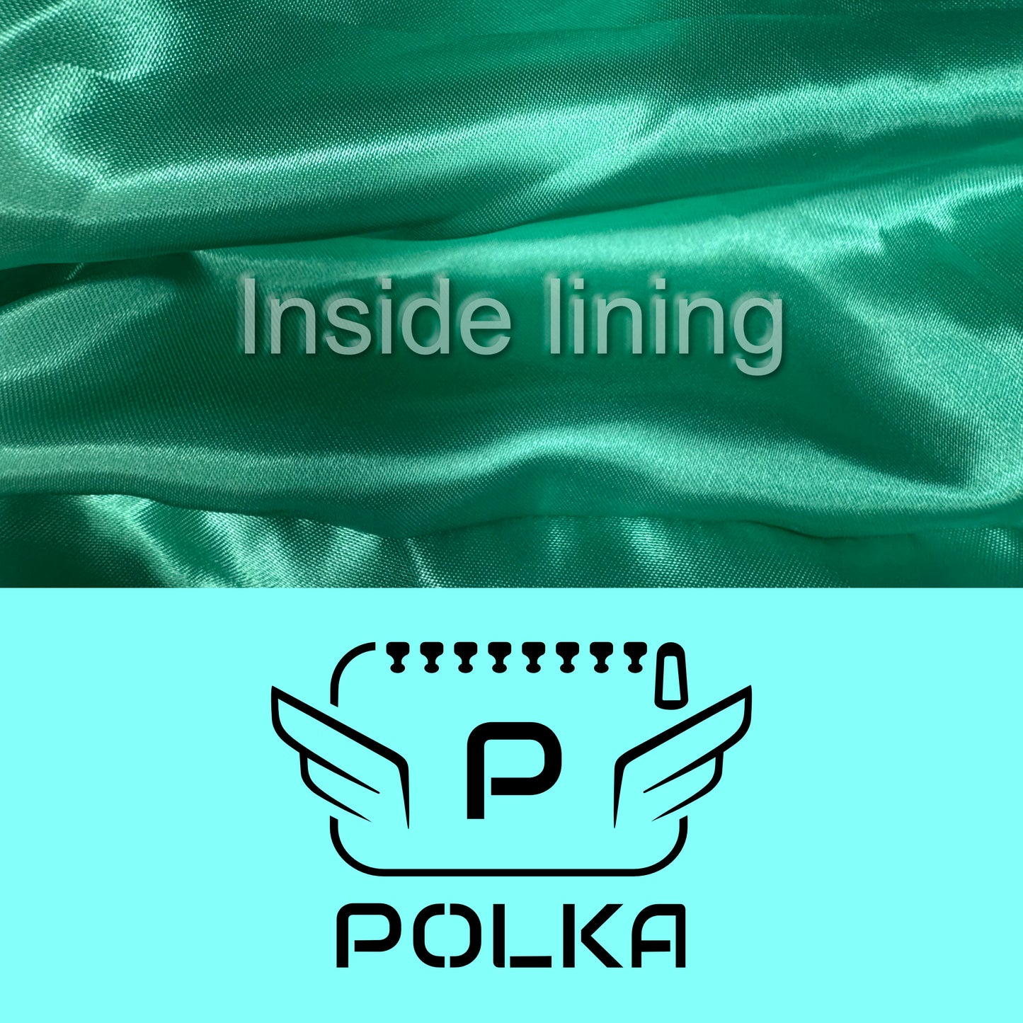Detail of the mint color of the fabric and logo with the inside lining of the luxury POLKA vanity bag
