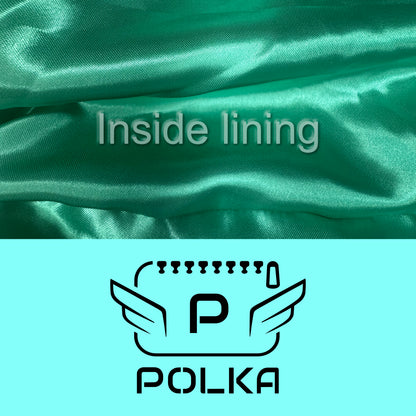 Detail of the mint color of the fabric and logo with the inside lining of the luxury POLKA vanity bag