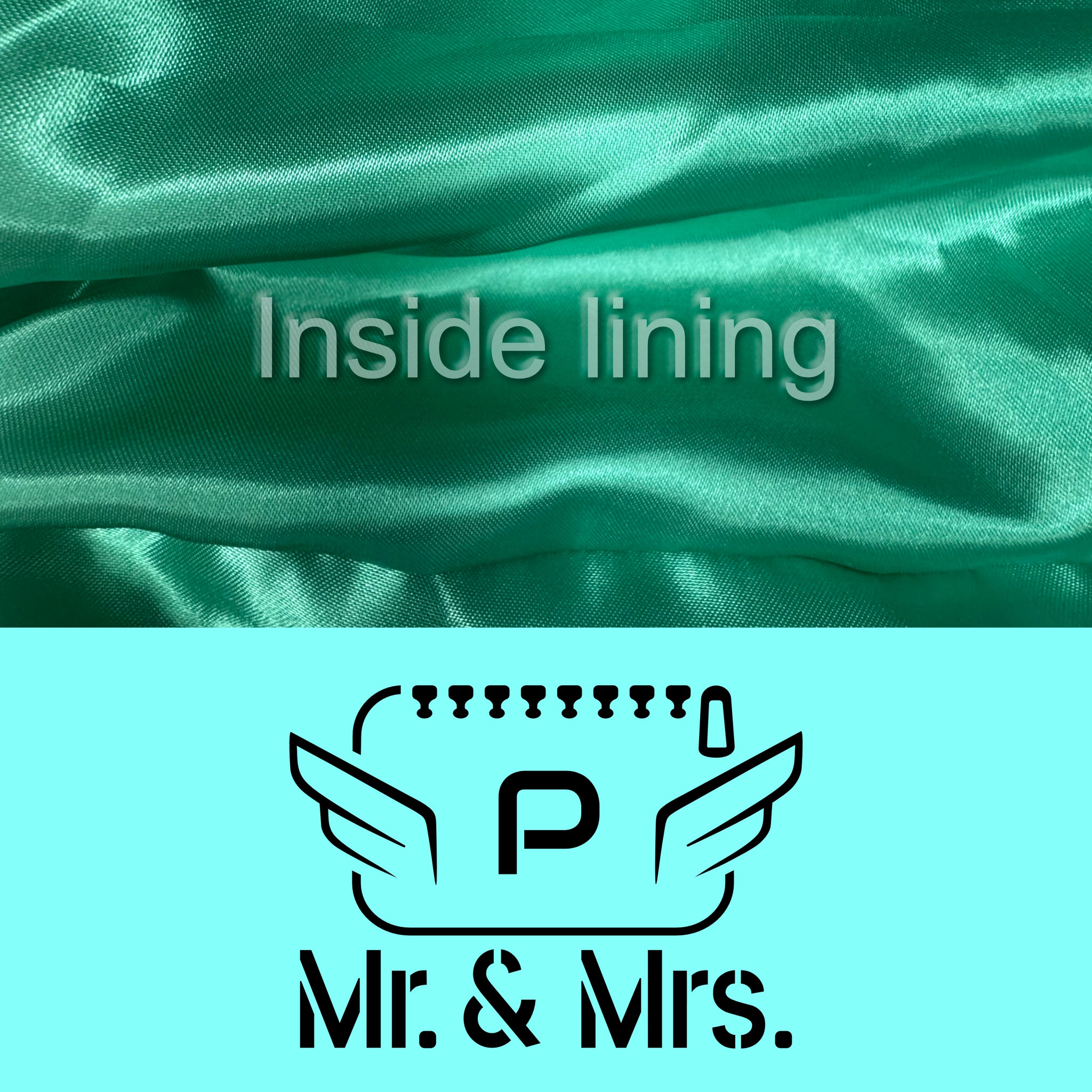 Detail of the mint color of the fabric and black logo with the inside lining of the luxury POLKA vanity bag for couples