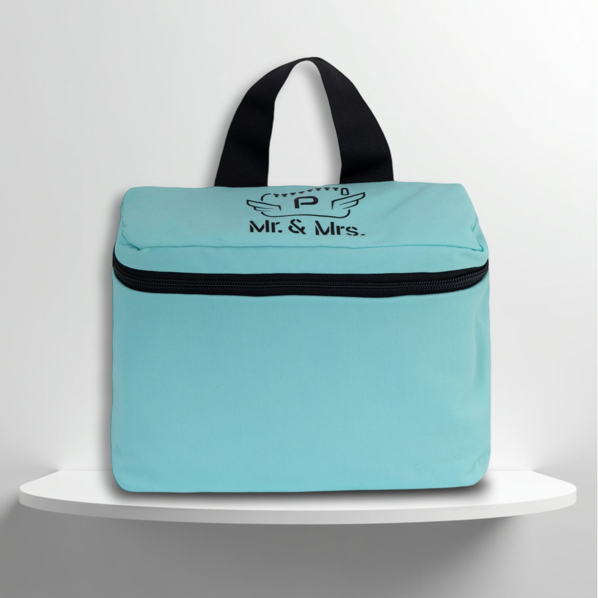 A mint  cotton travel vanity bag with many Greek travel size personal hygiene products inside for couples
