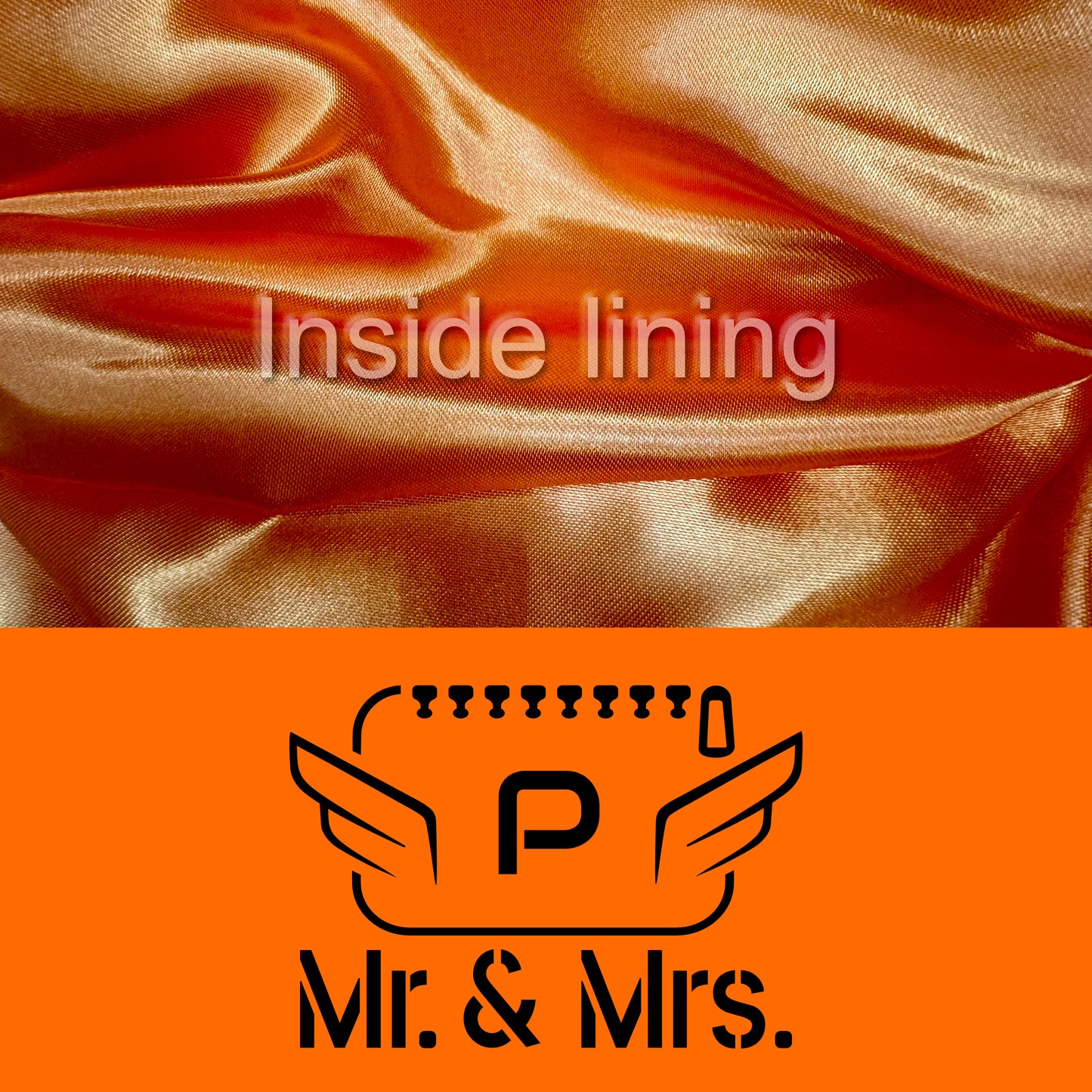Detail of the orange color of the fabric and black logo with the inside lining of the luxury POLKA vanity bag for couples