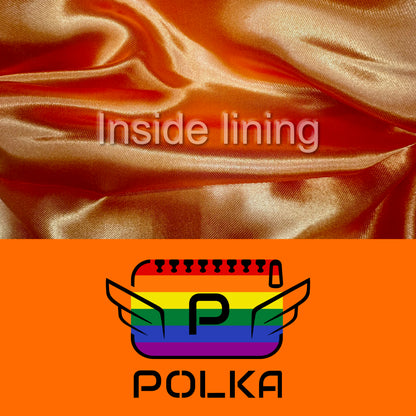 Detail of the Orange color of the fabric and black logo with the inside lining of the luxury POLKA vanity bag for the LGBTQ+ community 