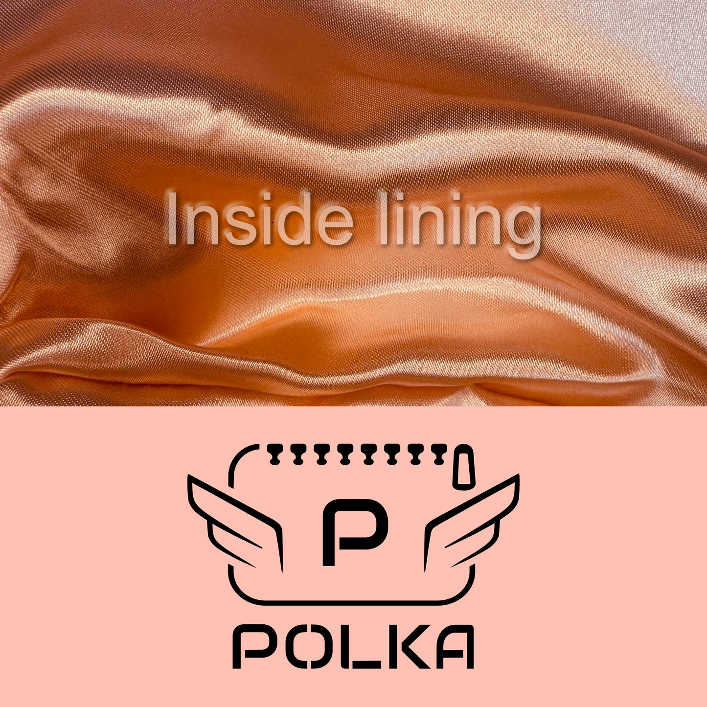 Detail of the Salmon pink color of the fabric and black  logo with the inside lining of the luxury POLKA vanity bag
